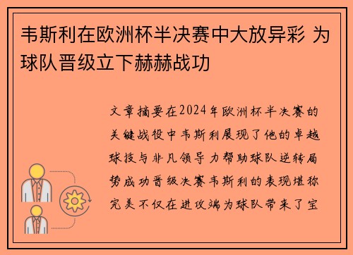 韦斯利在欧洲杯半决赛中大放异彩 为球队晋级立下赫赫战功